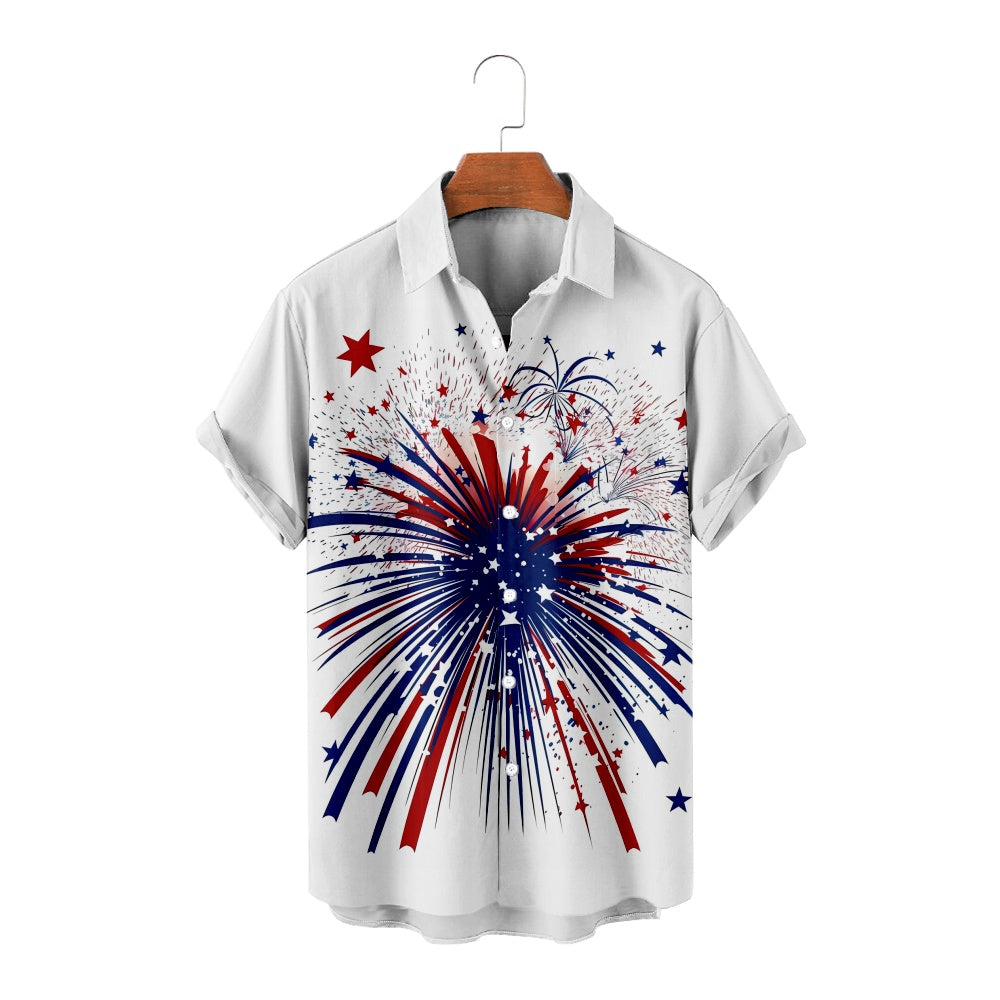 Independence Day Fireworks Stars Print ShirtMens short sleeve shirts Big and tall Mens shirts Short sleeve shirts for men Mens 4xl shirts Casual short sleeve shirts