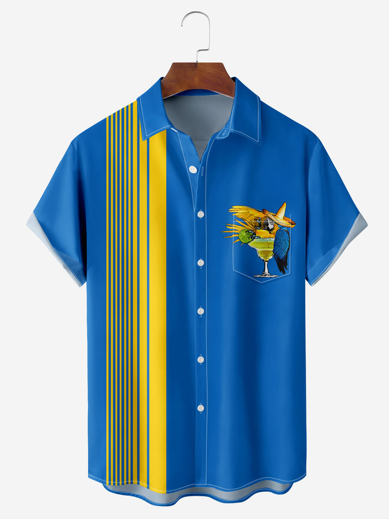 Men's Parrot in a Cocktail Striped Bowling Short Sleeve ShirtMens short sleeve shirts Big and tall Mens shirts Short sleeve shirts for men Mens 4xl shirts Casual short sleeve shirts