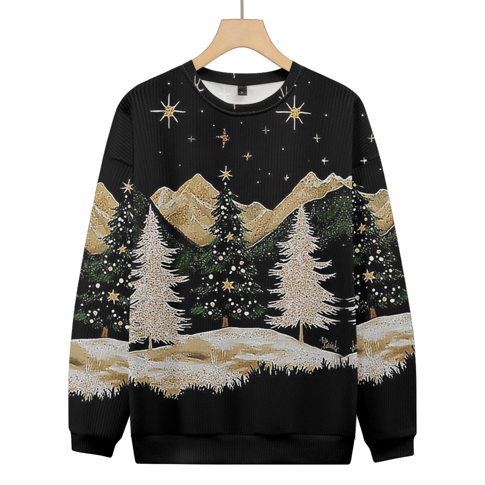 Golden Snowscape with Christmas Trees and Stars Knitted Sweatshirt, mens short sleeve shirts¡ê?big and tall mens shirts¡ê?short sleeve shirts for men¡ê?mens 4xl shirts¡ê?casual short sleeve shirts