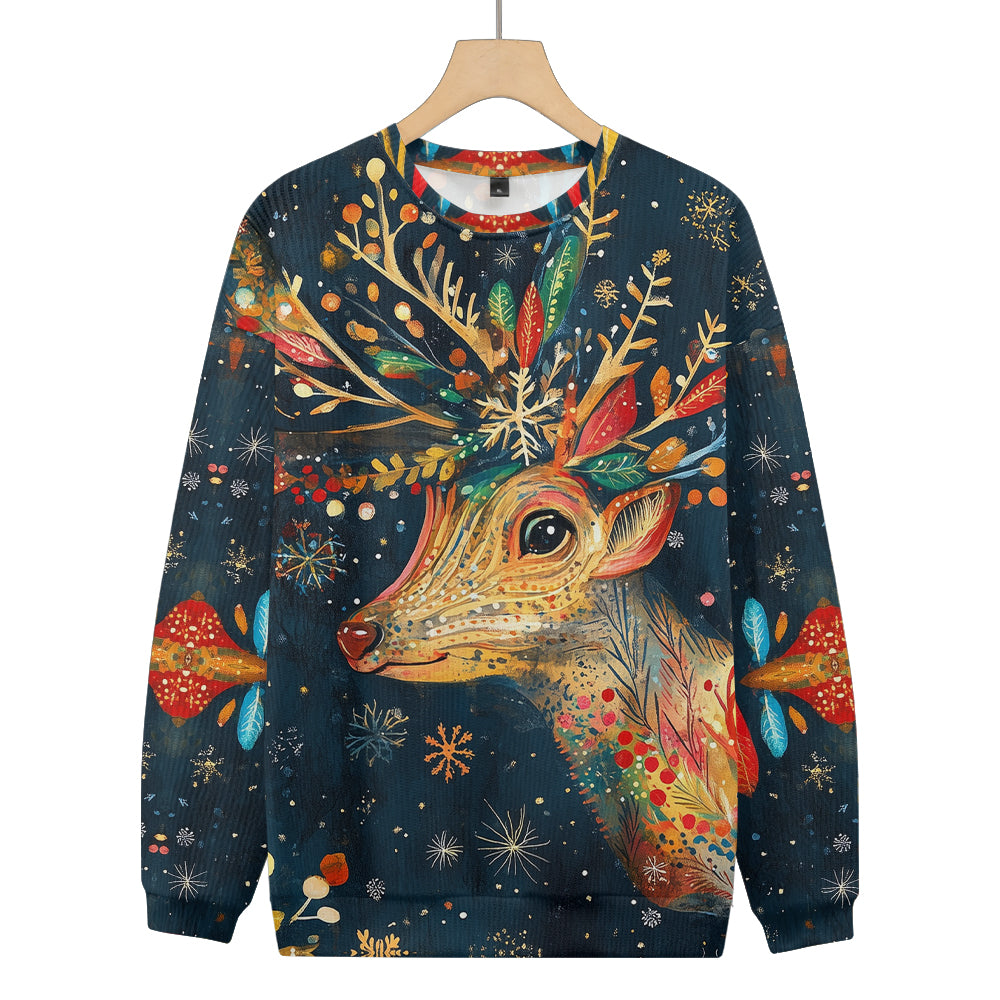 Hand Painted Colorful Reindeer Snowflakes Knitted Crewneck Sweatshirt, mens short sleeve shirts¡ê?big and tall mens shirts¡ê?short sleeve shirts for men¡ê?mens 4xl shirts¡ê?casual short sleeve shirts