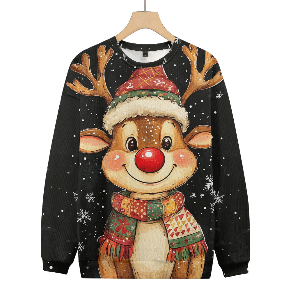 Happy Red-Nosed Reindeer with a Santa Hat Knitted Sweatshirt, mens short sleeve shirts¡ê?big and tall mens shirts¡ê?short sleeve shirts for men¡ê?mens 4xl shirts¡ê?casual short sleeve shirts