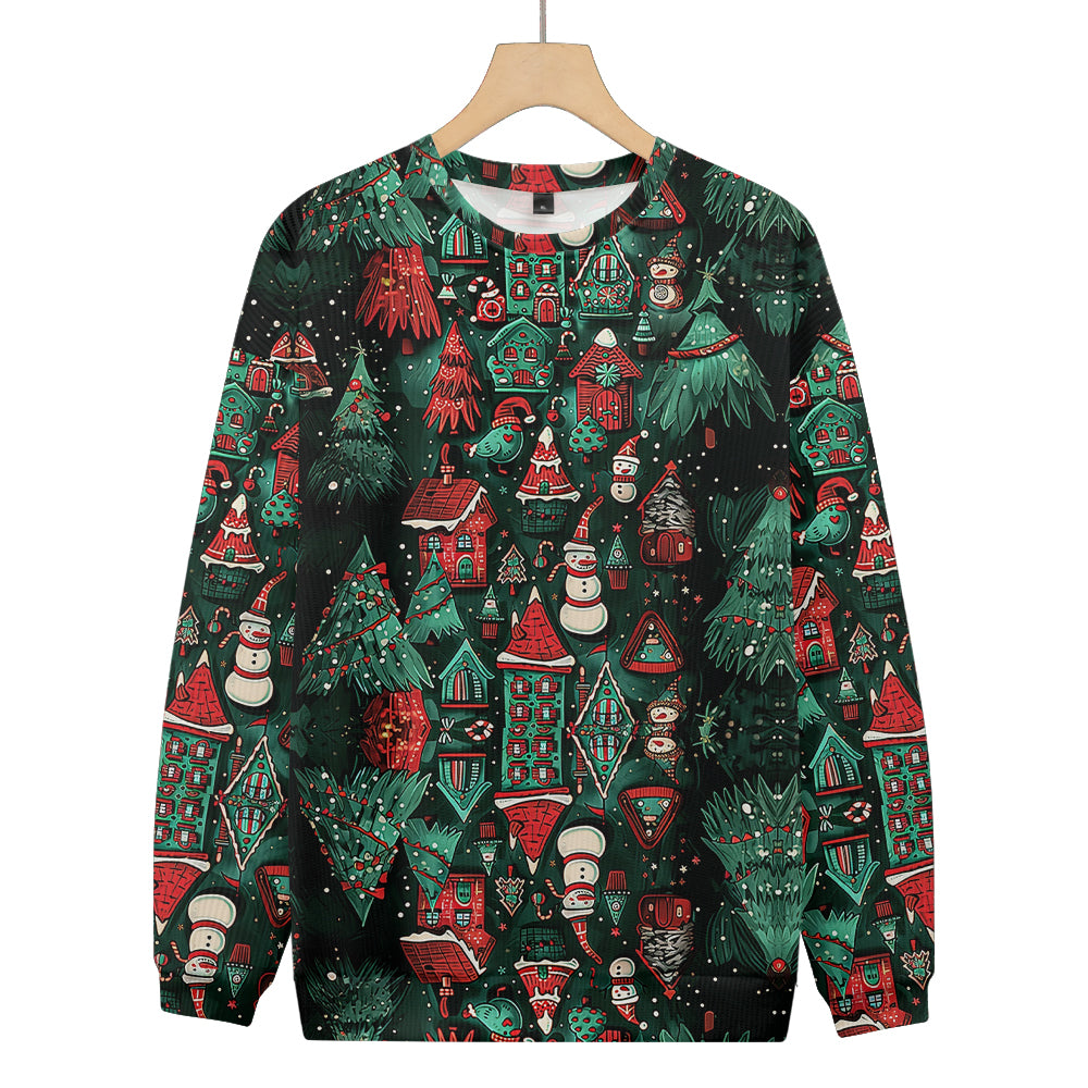 Mirror Image Christmas Trees and Snowmen Knitted Crewneck Sweatshirt, mens short sleeve shirts¡ê?big and tall mens shirts¡ê?short sleeve shirts for men¡ê?mens 4xl shirts¡ê?casual short sleeve shirts