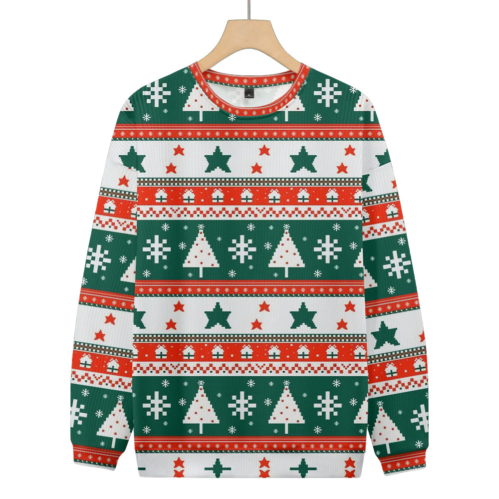 Pixel Style Christmas Pattern Tree Stars and Snowflake Knitted Sweatshirt, mens short sleeve shirts¡ê?big and tall mens shirts¡ê?short sleeve shirts for men¡ê?mens 4xl shirts¡ê?casual short sleeve shirts