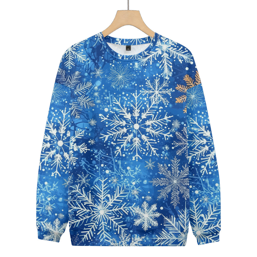 Blue and Silver Snowflakes Golden Snowflake Winter Knitted Crewneck Sweatshirt, mens short sleeve shirts?¨º?big and tall mens shirts?¨º?short sleeve shirts for men?¨º?mens 4xl shirts?¨º?casual short sleeve shirts