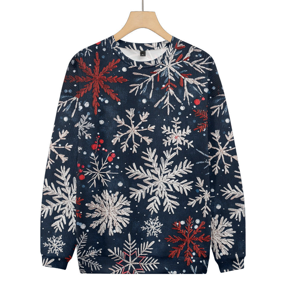 Embroidered-look Snowflakes on Dark Blue Knitted Sweatshirt, mens short sleeve shirts¡ê?big and tall mens shirts¡ê?short sleeve shirts for men¡ê?mens 4xl shirts¡ê?casual short sleeve shirts