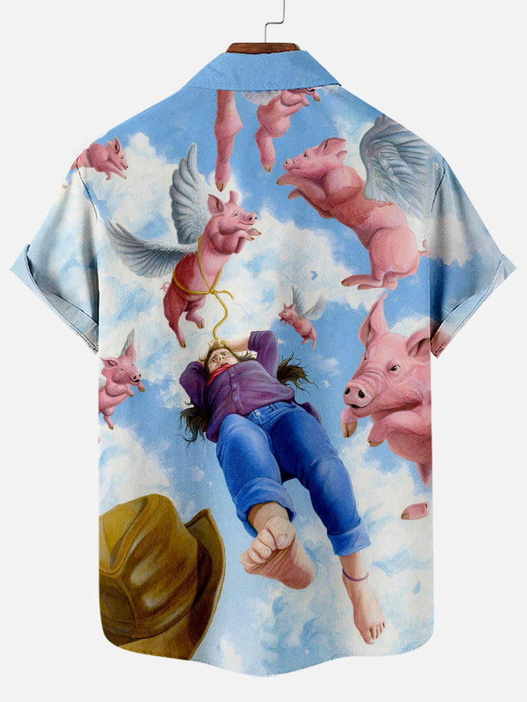 Funny Cartoon Flying Pig Print Short Sleeve ShirtMens short sleeve shirts Big and tall Mens shirts Short sleeve shirts for men Mens 4xl shirts Casual short sleeve shirts