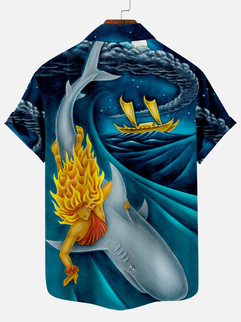 Shark Surfing Pattern Men's Hawaiian Short Sleeve ShirtMens short sleeve shirts Big and tall Mens shirts Short sleeve shirts for men Mens 4xl shirts Casual short sleeve shirts