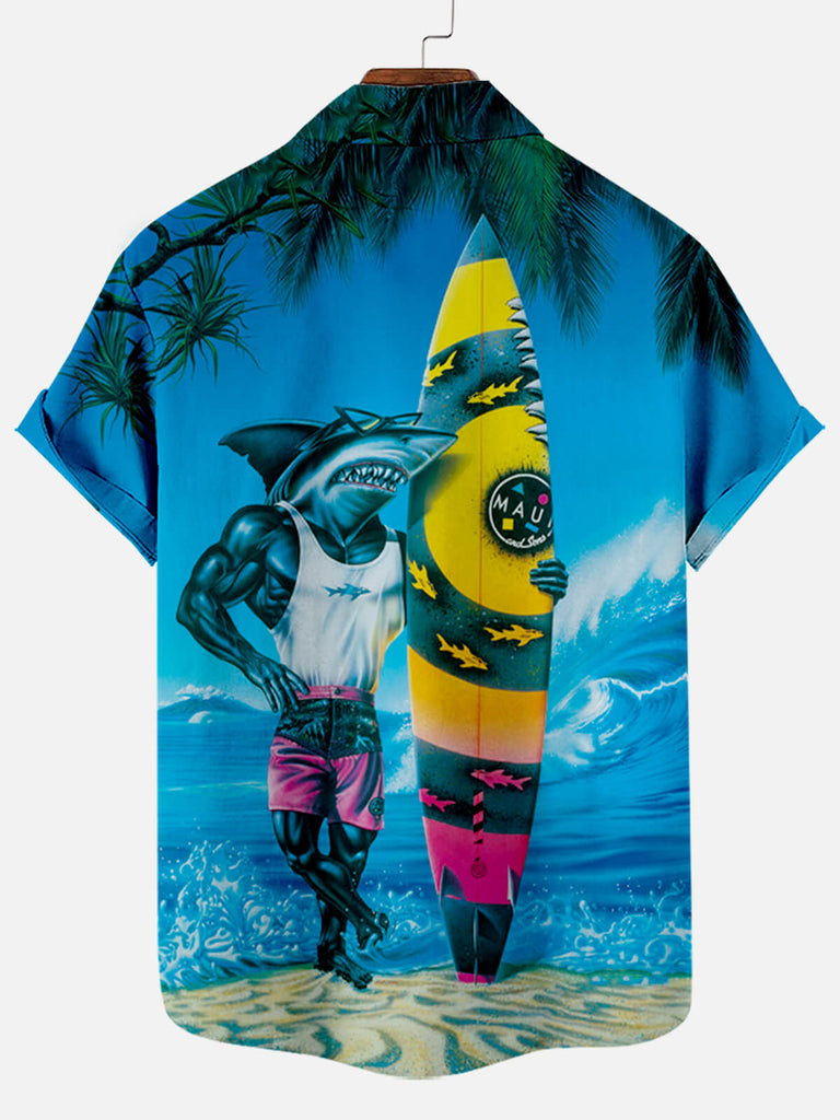 Hawaii Surf Sharkman Pattern Men's Short Sleeve TopMens short sleeve shirts Big and tall Mens shirts Short sleeve shirts for men Mens 4xl shirts Casual short sleeve shirts