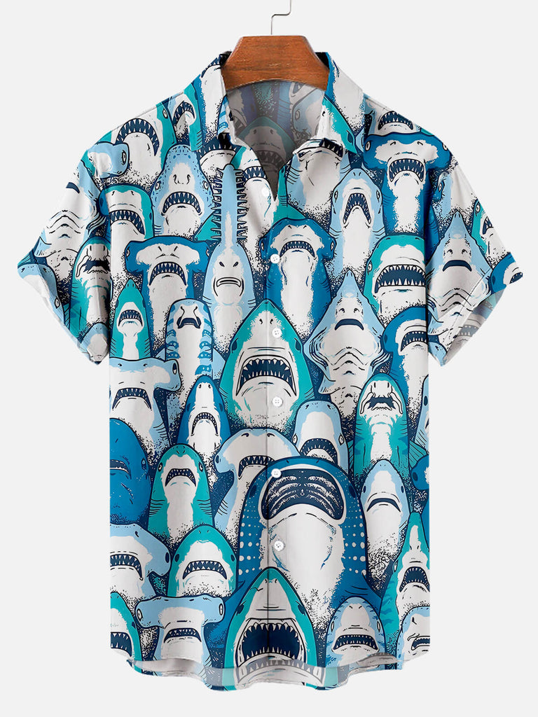 Men's Fun Shark Print Short Sleeve ShirtMens short sleeve shirts Big and tall Mens shirts Short sleeve shirts for men Mens 4xl shirts Casual short sleeve shirts