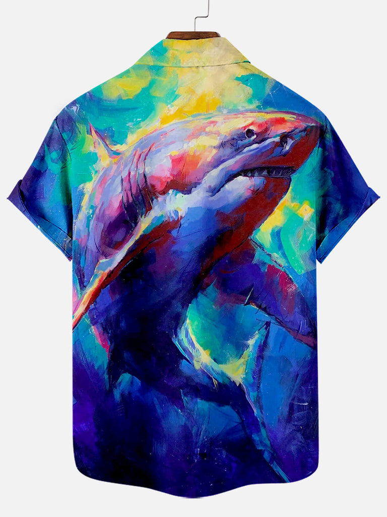 Hawaiian Shark Oil Painting Pattern Men's Short Sleeve TopMens short sleeve shirts Big and tall Mens shirts Short sleeve shirts for men Mens 4xl shirts Casual short sleeve shirts