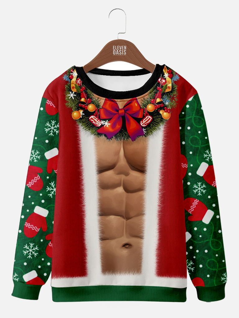 Ugly Christmas Sweater with Abs Wreath and Mittens Sweatshirt, mens short sleeve shirts?¨º?big and tall mens shirts?¨º?short sleeve shirts for men?¨º?mens 4xl shirts?¨º?casual short sleeve shirts