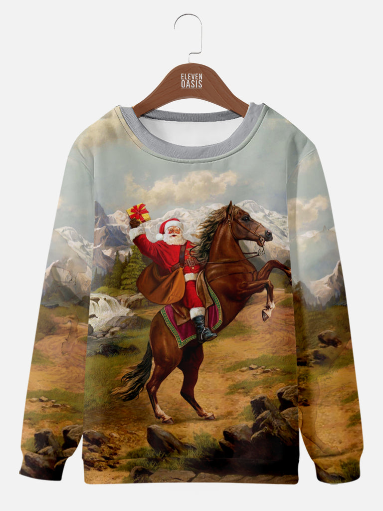 Cowboy Santa Riding a Horse Crewneck Sweatshirt, mens short sleeve shirts¡ê?big and tall mens shirts¡ê?short sleeve shirts for men¡ê?mens 4xl shirts¡ê?casual short sleeve shirts