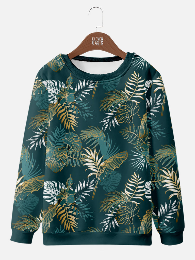 Men's Hawaiian Print Leaf Foliage Golden Green Sweatshirt, mens short sleeve shirts£¬big and tall mens shirts£¬short sleeve shirts for men£¬mens 4xl shirts£¬casual short sleeve shirts