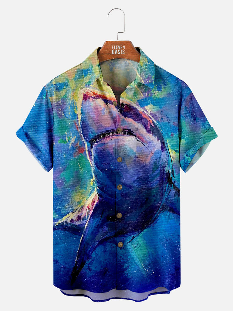 Hawaiian Great White Shark Pattern Men's Short Sleeve TopMens short sleeve shirts Big and tall Mens shirts Short sleeve shirts for men Mens 4xl shirts Casual short sleeve shirts