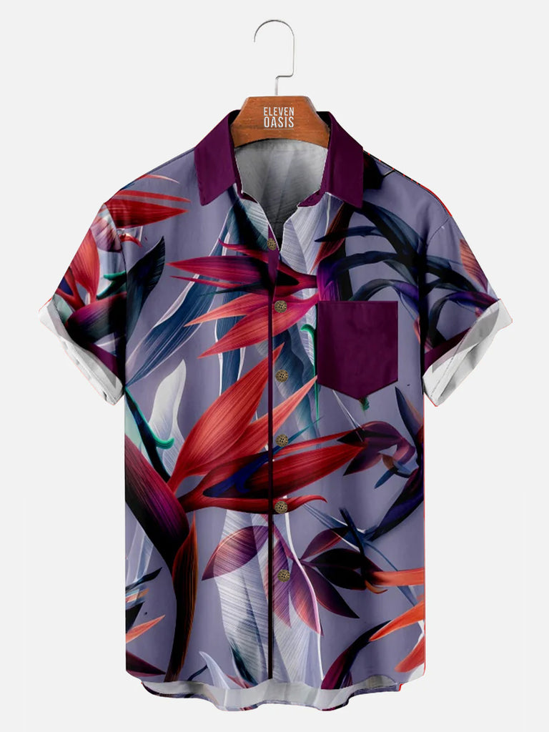 Men's Birds of a Paradise Flower Print Purple Short Sleeve ShirtMens short sleeve shirts Big and tall Mens shirts Short sleeve shirts for men Mens 4xl shirts Casual short sleeve shirts