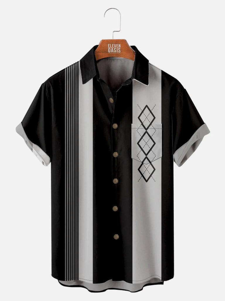 Casual Art Collection Geometric Stripes Color Block Pattern Lapel Short Sleeve Shirt Print TopMens short sleeve shirts Big and tall Mens shirts Short sleeve shirts for men Mens 4xl shirts Casual short sleeve shirts