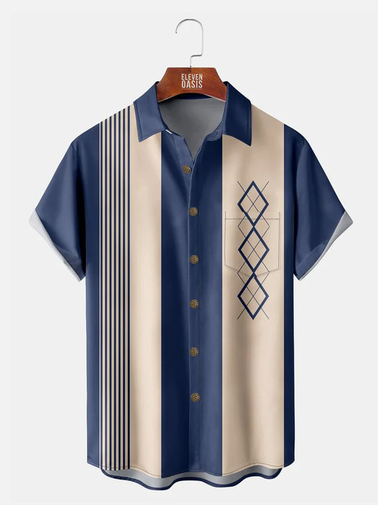 Casual Art Collection Geometric Stripes Color Block Bowling Pattern Lapel Short Sleeve Shirt Print TopMens short sleeve shirts Big and tall Mens shirts Short sleeve shirts for men Mens 4xl shirts Casual short sleeve shirts