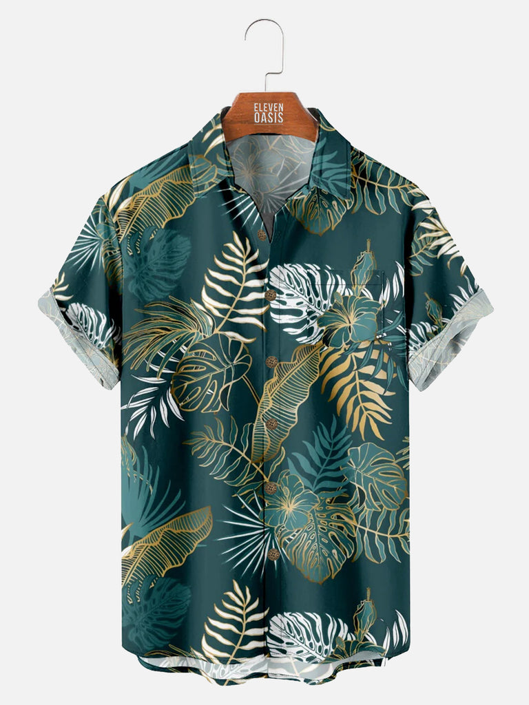 Men's Hawaiian Print Leaf Foliage Golden Green Short Sleeve ShirtMens short sleeve shirts Big and tall Mens shirts Short sleeve shirts for men Mens 4xl shirts Casual short sleeve shirts