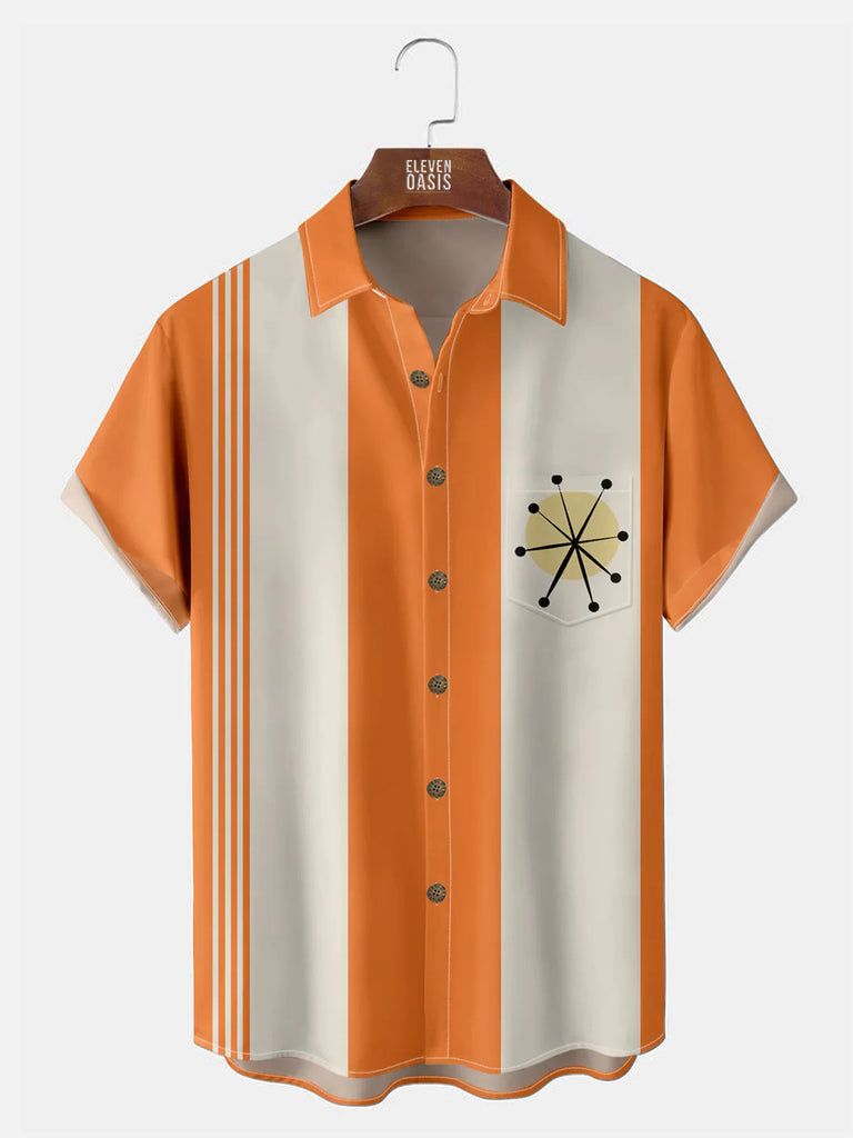 Men's Orange Striped Bowling Short Sleeve Casual ShirtMens short sleeve shirts Big and tall Mens shirts Short sleeve shirts for men Mens 4xl shirts Casual short sleeve shirts