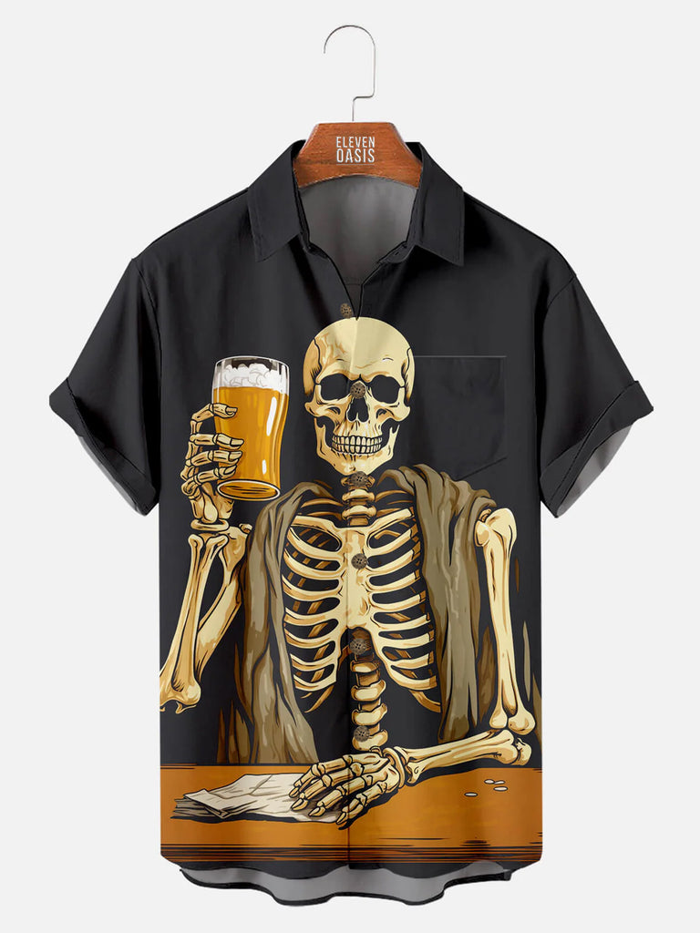 Skeleton Skull Drinking Beer Pattern Men's Short Sleeve ShirtMens short sleeve shirts Big and tall Mens shirts Short sleeve shirts for men Mens 4xl shirts Casual short sleeve shirts