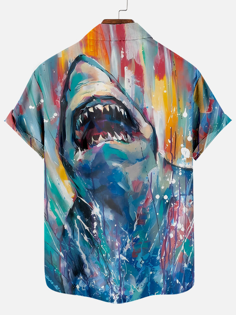 Hawaiian Shark Oil Painting Pattern Men's Short Sleeve TopMens short sleeve shirts Big and tall Mens shirts Short sleeve shirts for men Mens 4xl shirts Casual short sleeve shirts