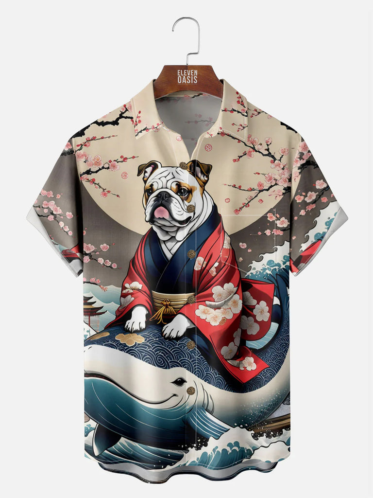 Men's Japan-Inspired Bulldog Wearing Kimono Whale Short Sleeve ShirtMens short sleeve shirts Big and tall Mens shirts Short sleeve shirts for men Mens 4xl shirts Casual short sleeve shirts