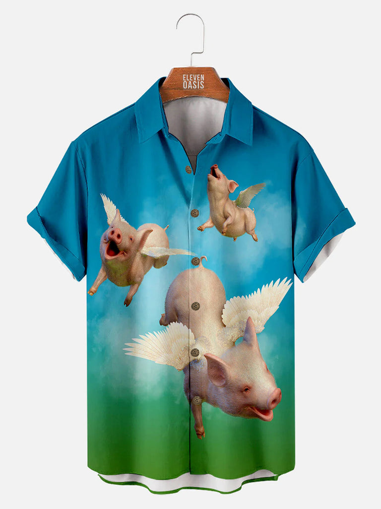 Cartoon Fun Flying Pig Print Short Sleeve ShirtMens short sleeve shirts Big and tall Mens shirts Short sleeve shirts for men Mens 4xl shirts Casual short sleeve shirts