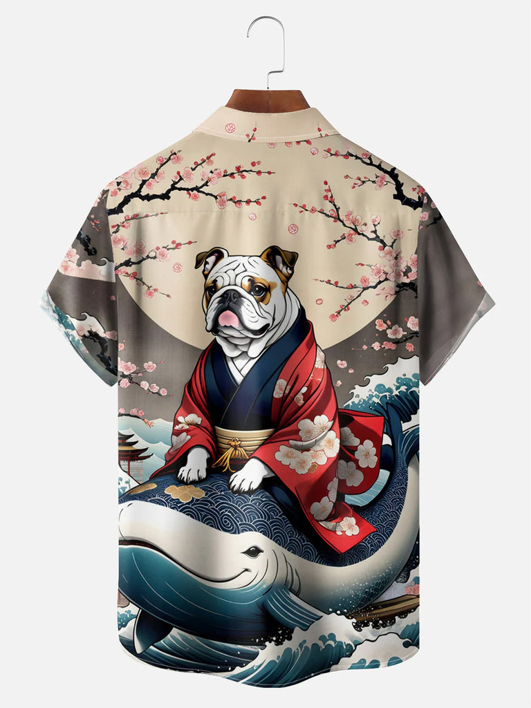 Men's Japan-Inspired Bulldog Wearing Kimono Whale Short Sleeve ShirtMens short sleeve shirts Big and tall Mens shirts Short sleeve shirts for men Mens 4xl shirts Casual short sleeve shirts