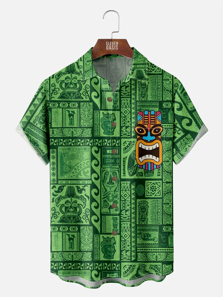 Men's Hawaiian Tribal Pattern Tiki Short Sleeve ShirtMens short sleeve shirts Big and tall Mens shirts Short sleeve shirts for men Mens 4xl shirts Casual short sleeve shirts