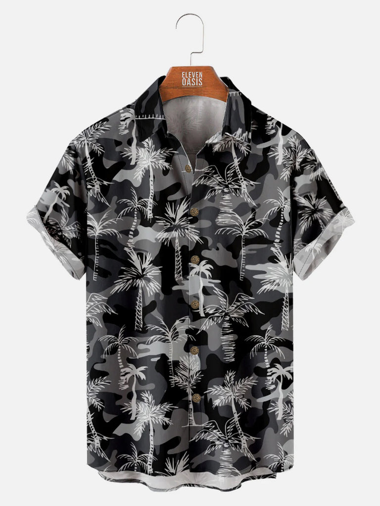 Men's Black and Grey Camo Print with Palm Trees Hawaiian Short Sleeve ShirtMens short sleeve shirts Big and tall Mens shirts Short sleeve shirts for men Mens 4xl shirts Casual short sleeve shirts