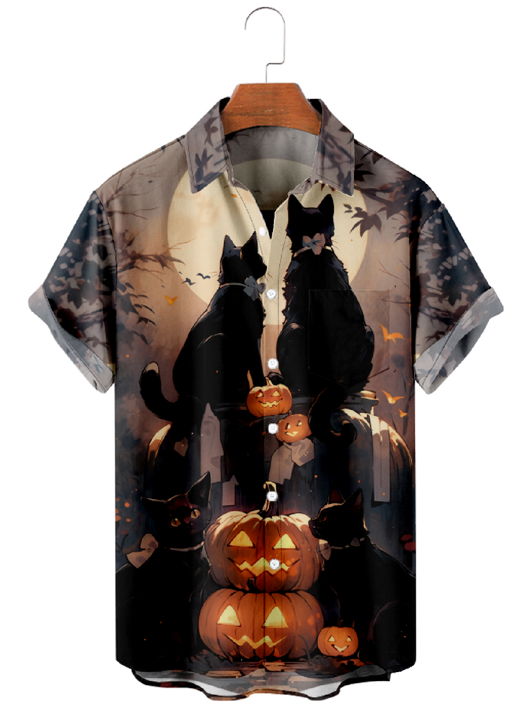 Men's Halloween Black Cats Sitting on Pumpkins Looking at the Moon Short Sleeve ShirtMens short sleeve shirts Big and tall Mens shirts Short sleeve shirts for men Mens 4xl shirts Casual short sleeve shirts