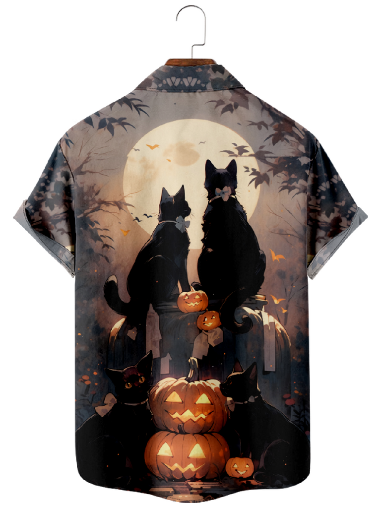 Men's Halloween Black Cats Sitting on Pumpkins Looking at the Moon Short Sleeve ShirtMens short sleeve shirts Big and tall Mens shirts Short sleeve shirts for men Mens 4xl shirts Casual short sleeve shirts