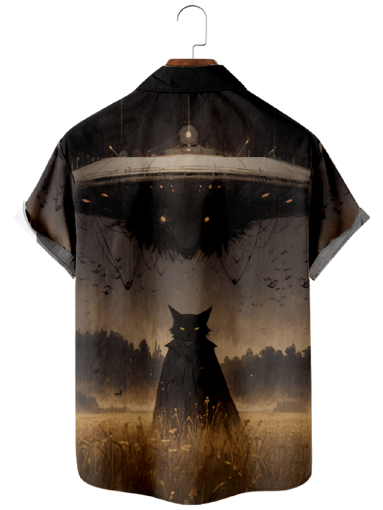 Men's Halloween Eerie Cat Humanoid Figure Short Sleeve ShirtMens short sleeve shirts Big and tall Mens shirts Short sleeve shirts for men Mens 4xl shirts Casual short sleeve shirts