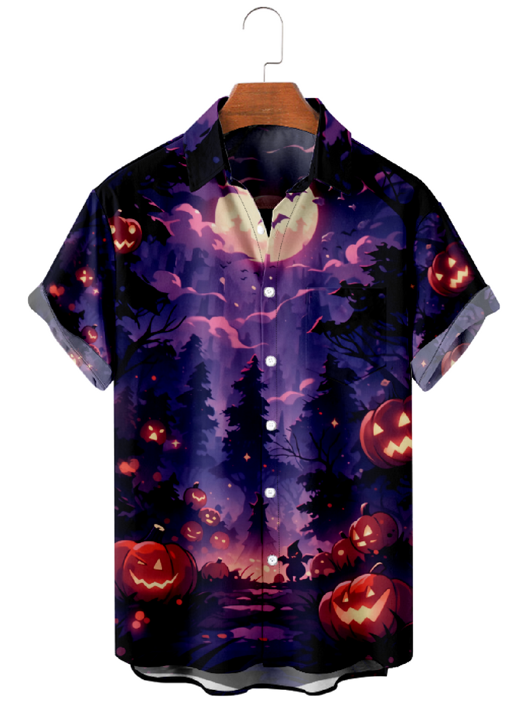 Men's Creepy Halloween Forest in the Night with Smiling Pumpkins Short Sleeve ShirtMens short sleeve shirts Big and tall Mens shirts Short sleeve shirts for men Mens 4xl shirts Casual short sleeve shirts