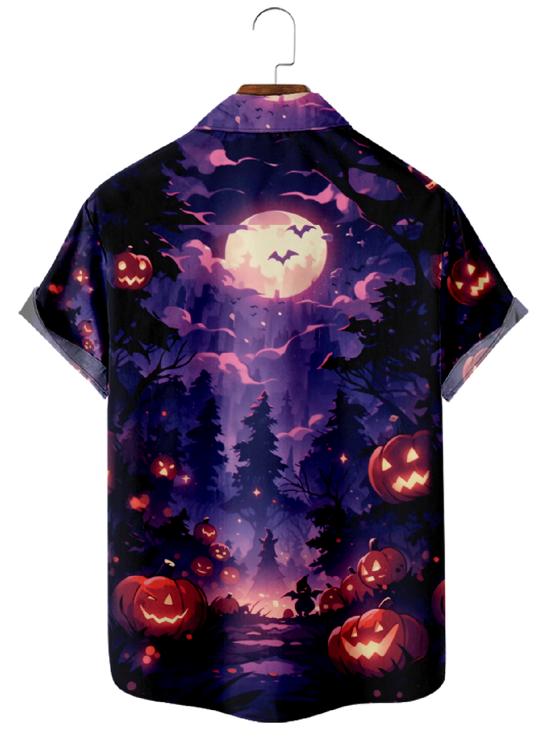 Men's Creepy Halloween Forest in the Night with Smiling Pumpkins Short Sleeve ShirtMens short sleeve shirts Big and tall Mens shirts Short sleeve shirts for men Mens 4xl shirts Casual short sleeve shirts