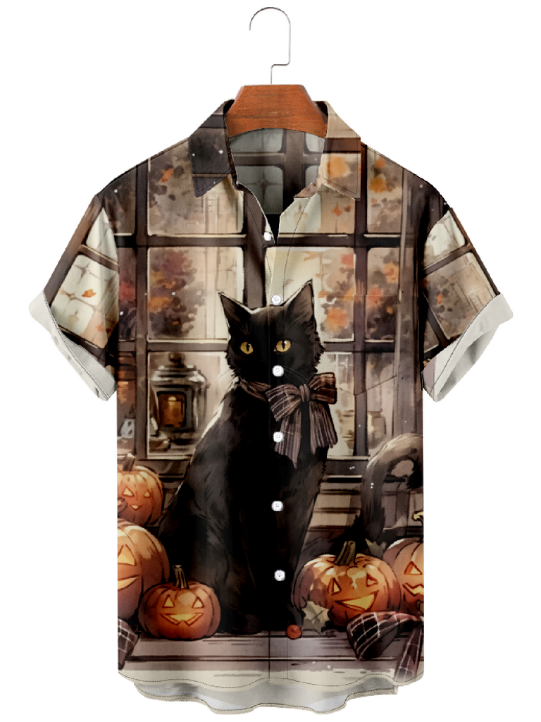 Men's Halloween Black Cat Sitting By Pumpkins Short Sleeve ShirtMens short sleeve shirts Big and tall Mens shirts Short sleeve shirts for men Mens 4xl shirts Casual short sleeve shirts