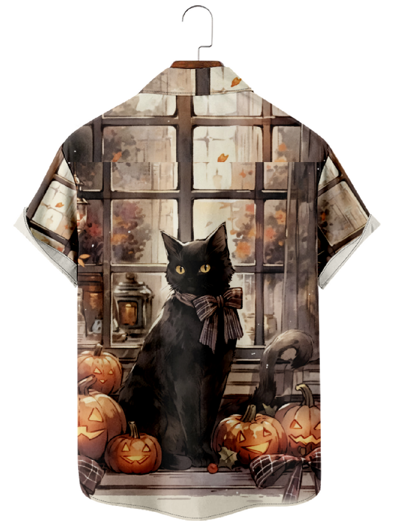 Men's Halloween Black Cat Sitting By Pumpkins Short Sleeve ShirtMens short sleeve shirts Big and tall Mens shirts Short sleeve shirts for men Mens 4xl shirts Casual short sleeve shirts