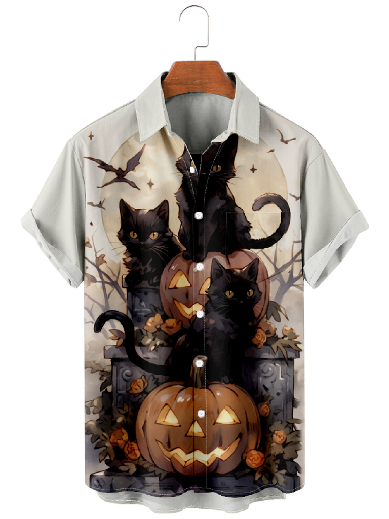 Men's Halloween Three Black Cats Sitting on a Pumpkin Short Sleeve ShirtMens short sleeve shirts Big and tall Mens shirts Short sleeve shirts for men Mens 4xl shirts Casual short sleeve shirts