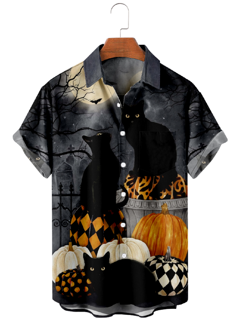 Men's Halloween Black Cats Sitting on Pumpkins Short Sleeve ShirtMens short sleeve shirts Big and tall Mens shirts Short sleeve shirts for men Mens 4xl shirts Casual short sleeve shirts