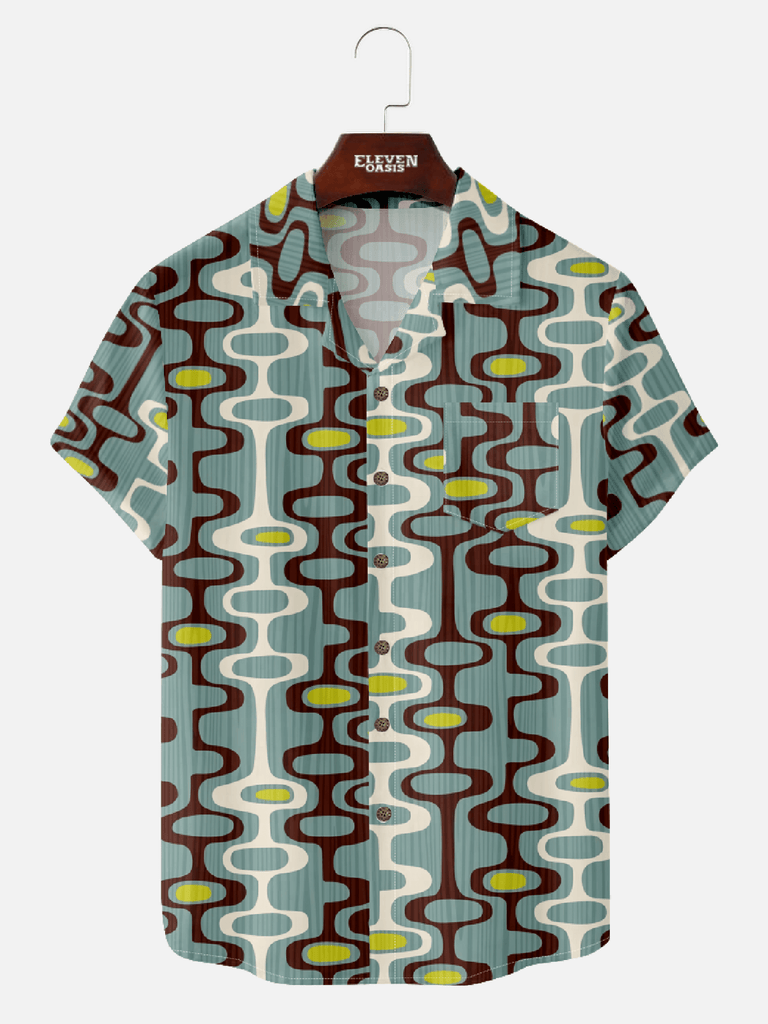 Men's mid-century modern art camp collar short sleeve shirt with geometric pattern