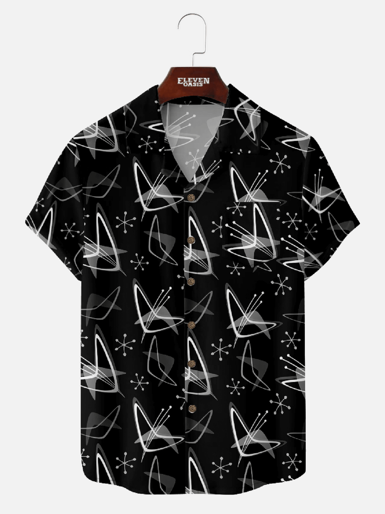 Men‘s camp collar short sleeve shirt with mid century modern art geometry pattern