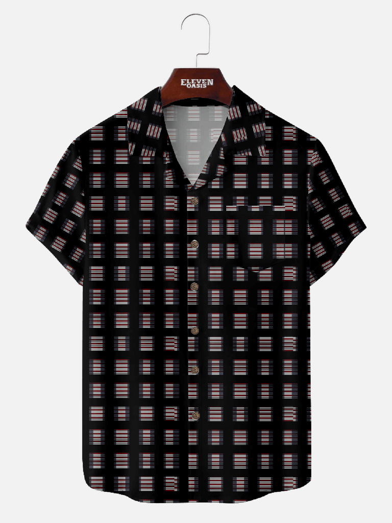 Men's vintage camp collar short sleeve shirt with mid century modern art geometry pattern