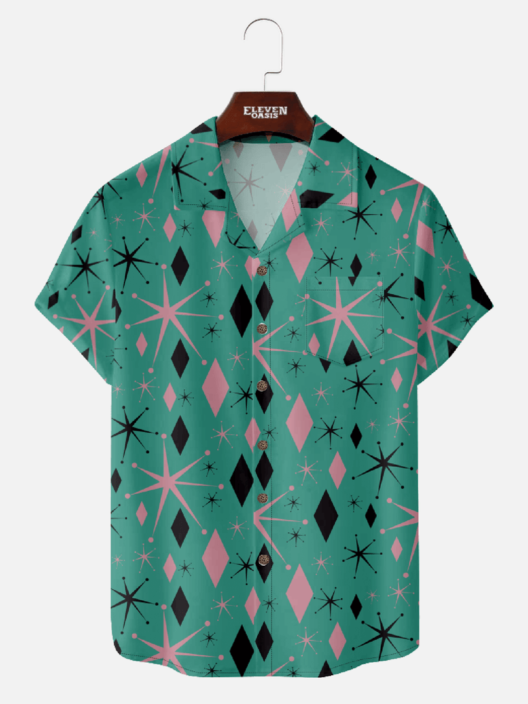 Men‘s color block camp collar short sleeve shirt mid century modern art geometry pattern