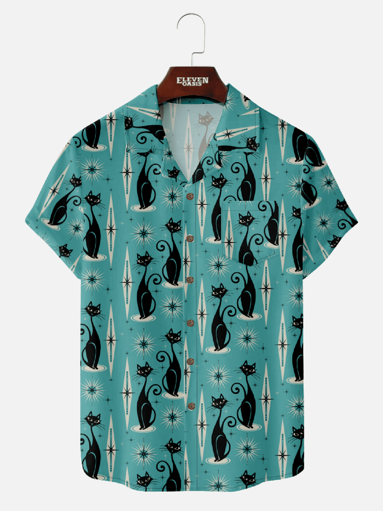 Men's mid century art camp ollar short sleeve shirt with cartoon cat and geometry