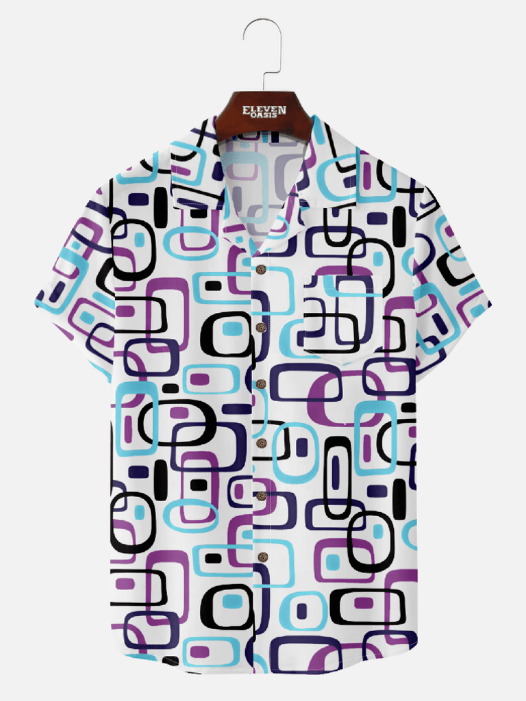 Men's Mid-Century Modern Camp Collar Short Sleeve Shirt  With Fresh Color Rectangular Patterns