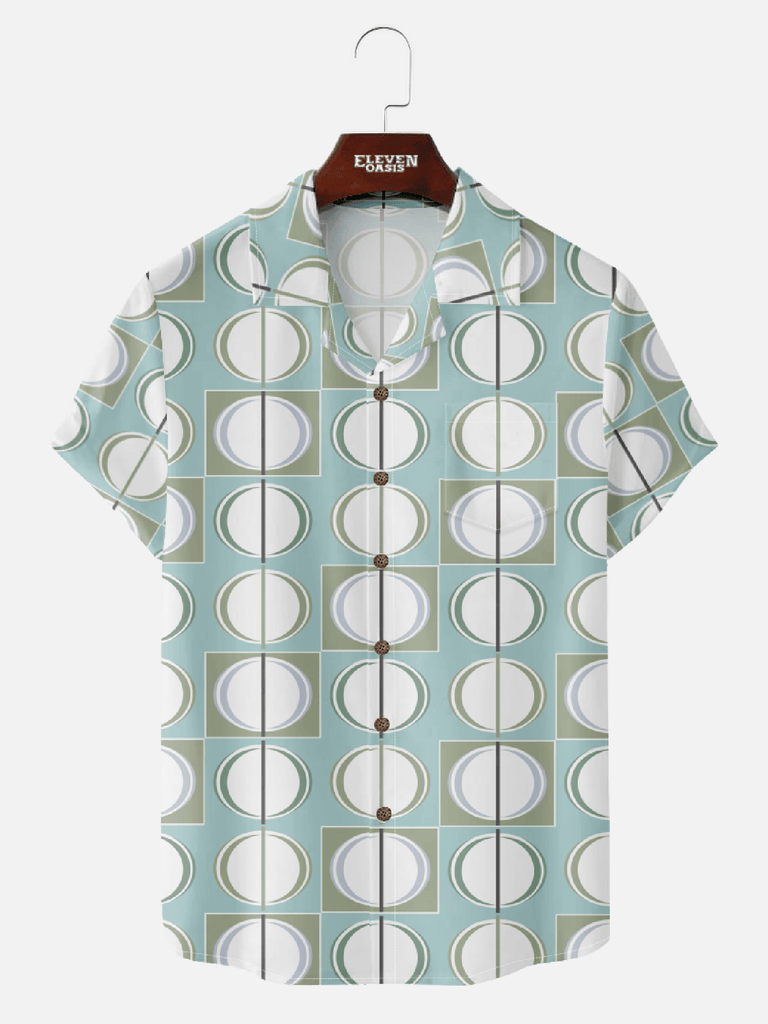 Men‘s mid century art camp collar short sleeve shirt with oval geometry pattern