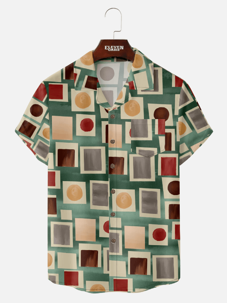 Men’s mid century art camp collar short sleeve shirt with circle rectangle