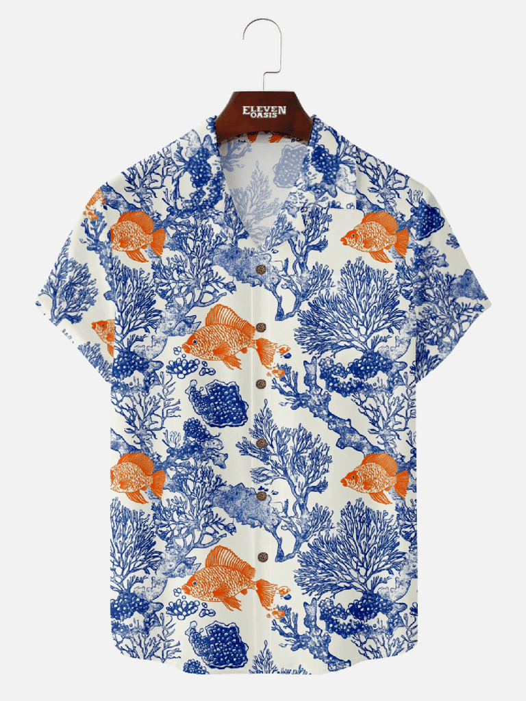 Men’s hawaii short sleeve shirt with Under the sea coral goldfish