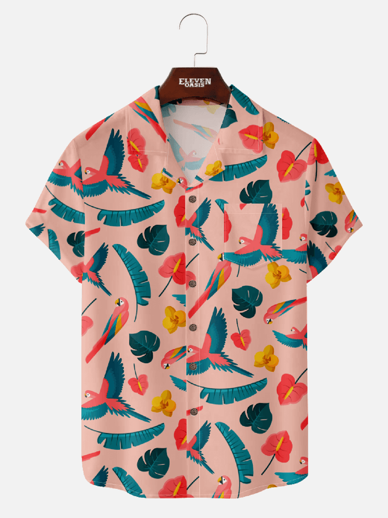 Men’s hawaii vacation camp collar short sleeve shirt with retro vibe parrot and tropical plant