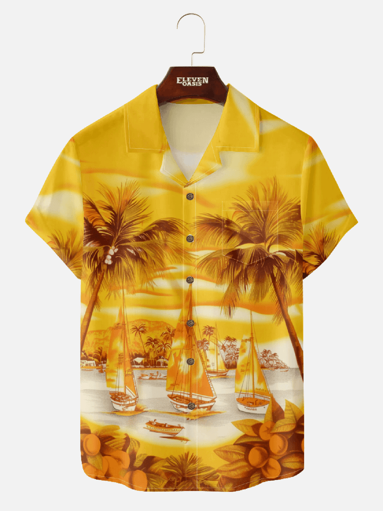 Men's Hawaii Sunlit Shores Short Sleeve Camp Collar Shirt with Coconuts, Sailboats & Coffee Bliss